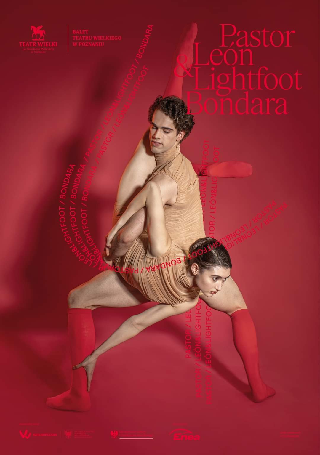 Poster for Pastor, León & Lightfoot, Bondara at Teatr Wielki Poznań, showing two dancers in red socks on a red background